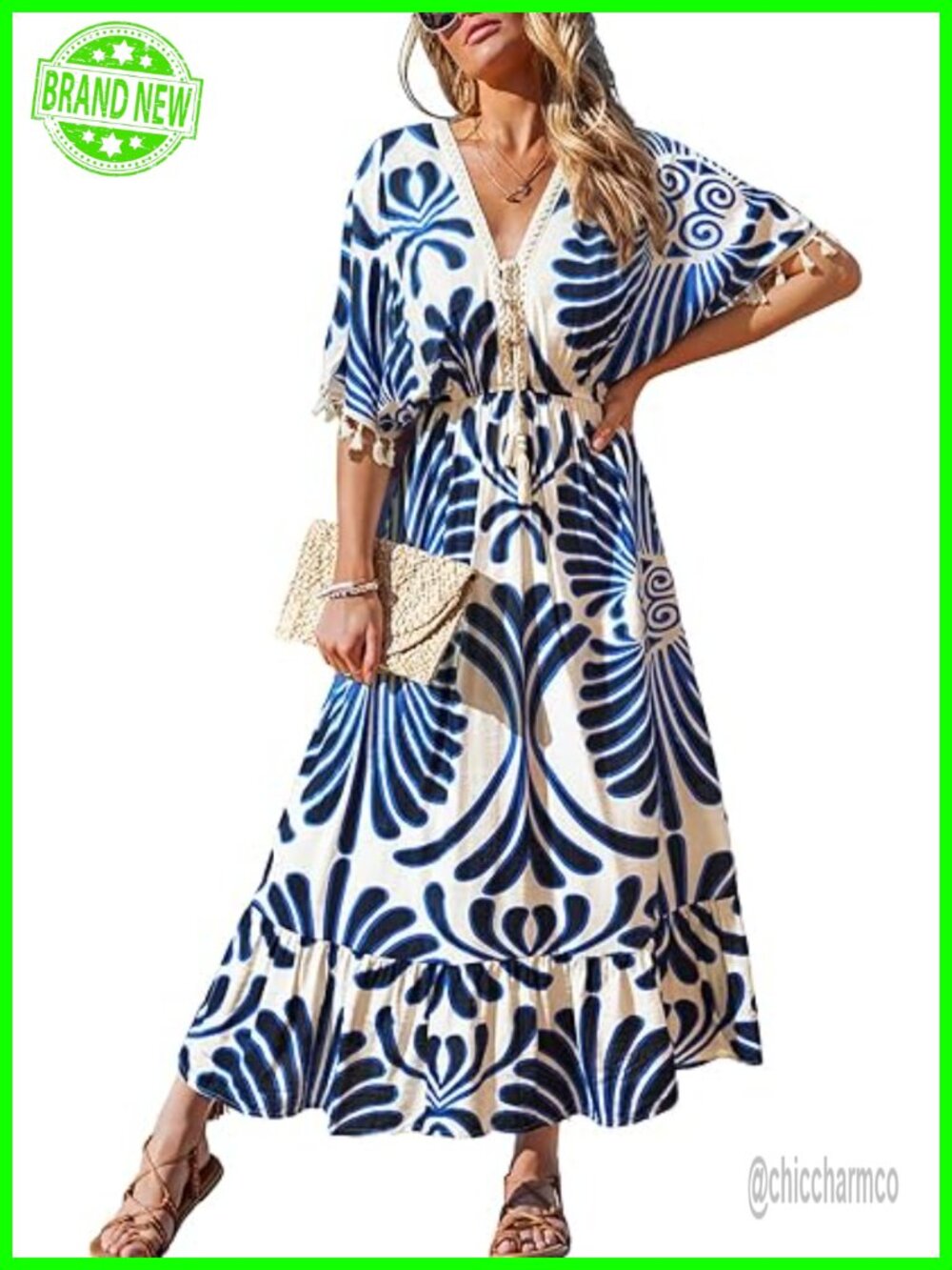 Tassel Tie Front V Neck Batwing Sleeve Smocked Flowy Hawaiian Casual Maxi Dress